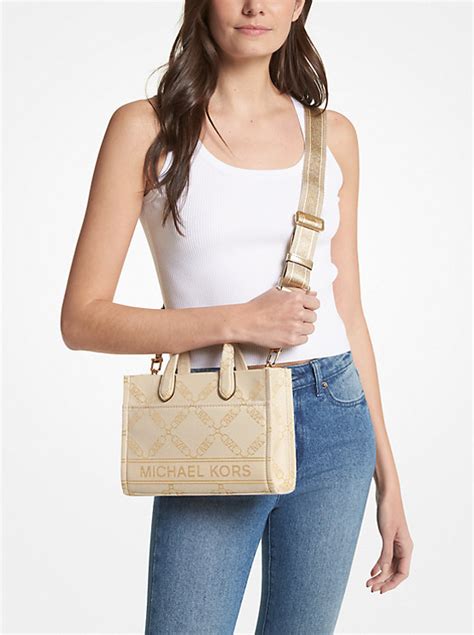 Aria Large Signature Logo Jacquard Tote Bag .